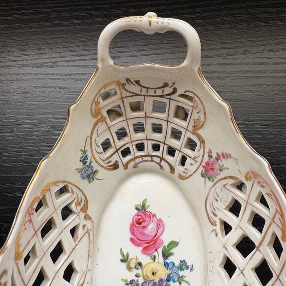 Antique Dresden Carl Thieme Signed Lattice Oval Bowl w/ Porcelain Flowers READ - Picture 8 of 12